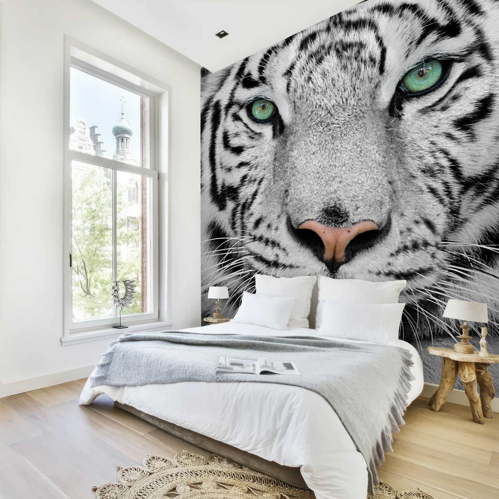 Papier peint tigre blanc aux yeux verts