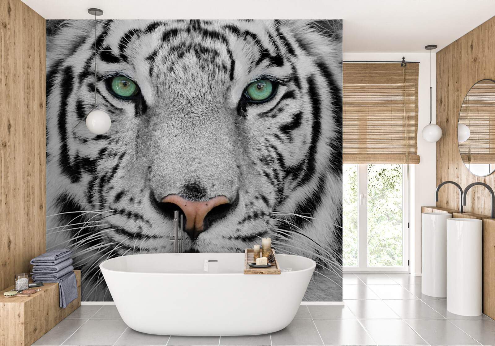 Papier peint tigre blanc aux yeux verts