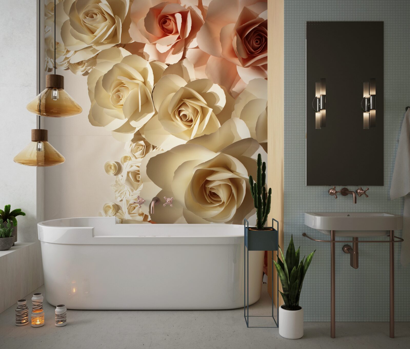 Papier peint fleurs de gypse blanches et roses
