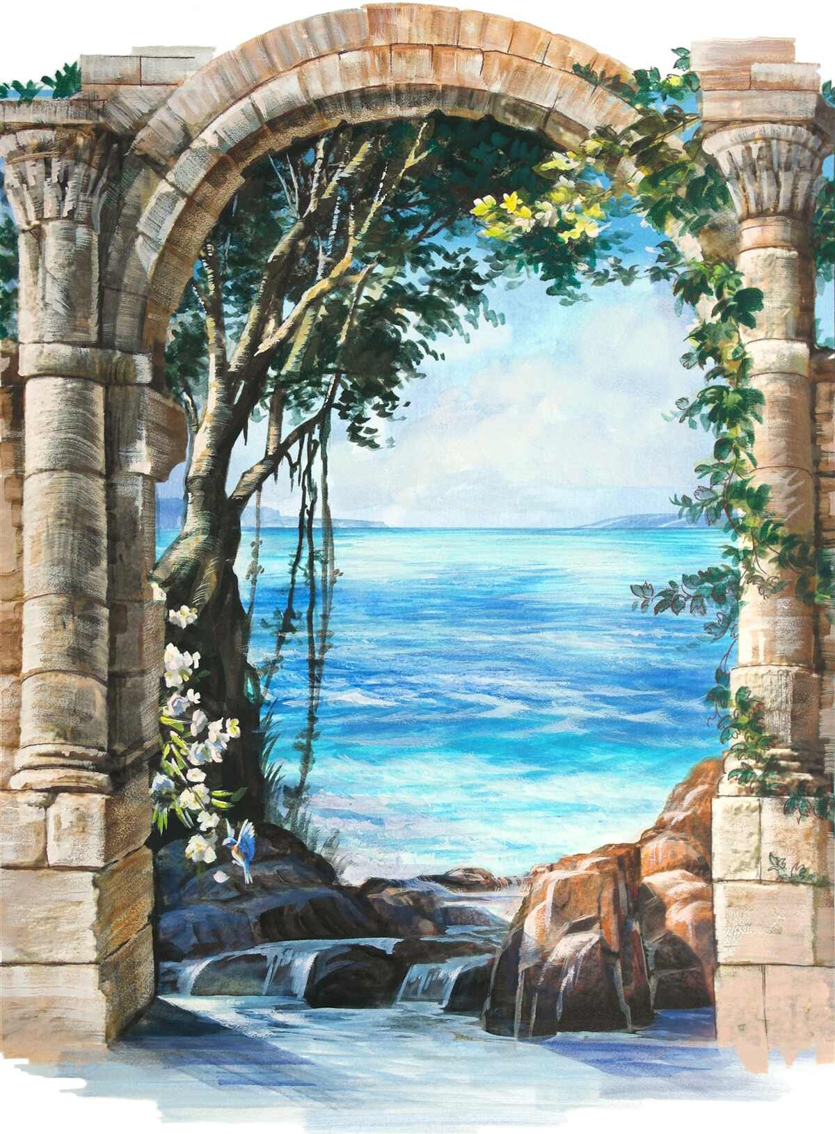 Papier peint arche ronde en pierre surplombant la mer