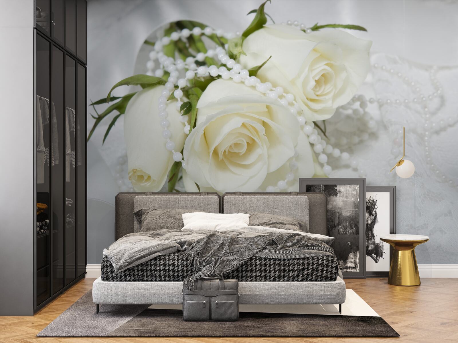 Papier peint composition de roses blanches avec perles