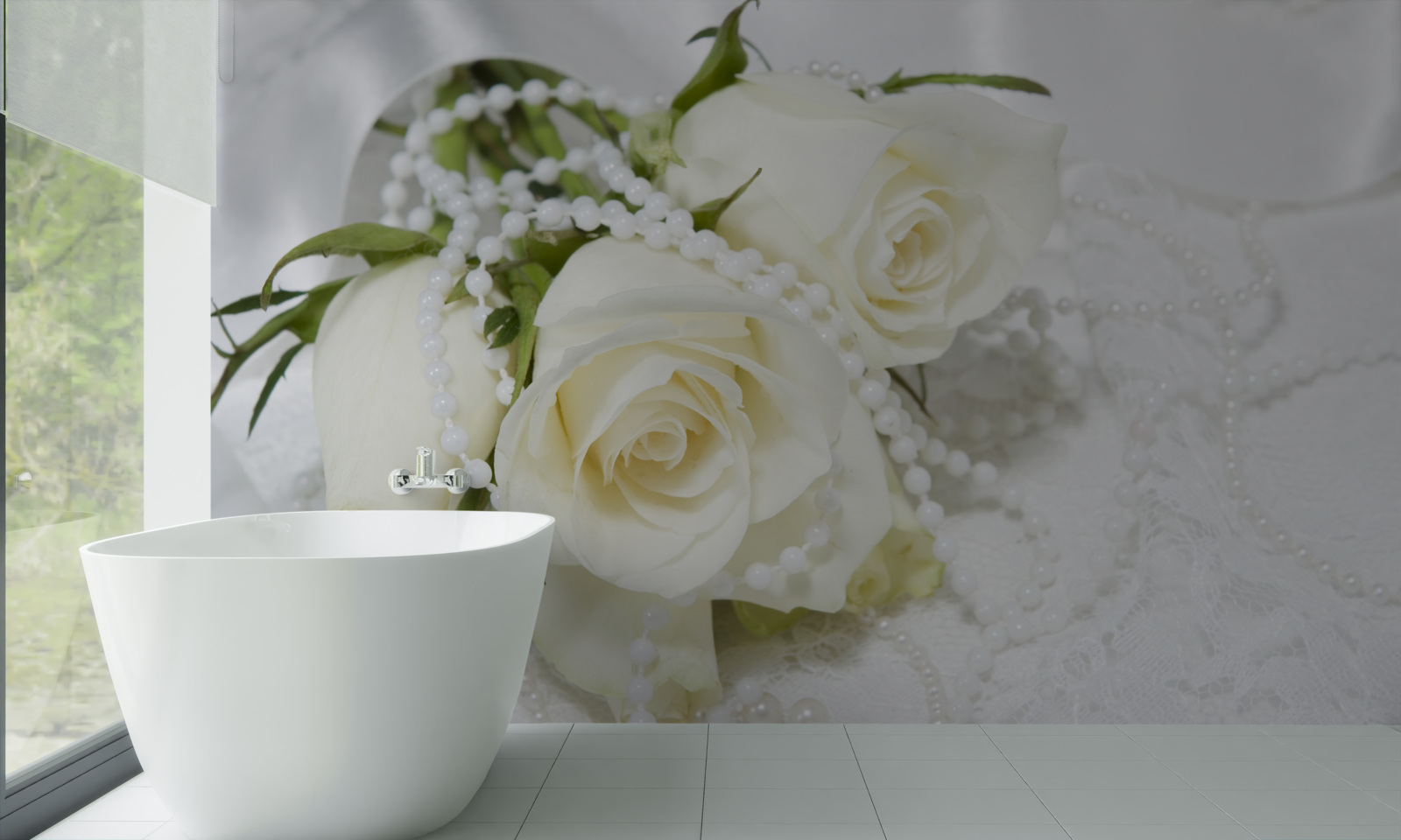 Papier peint composition de roses blanches avec perles