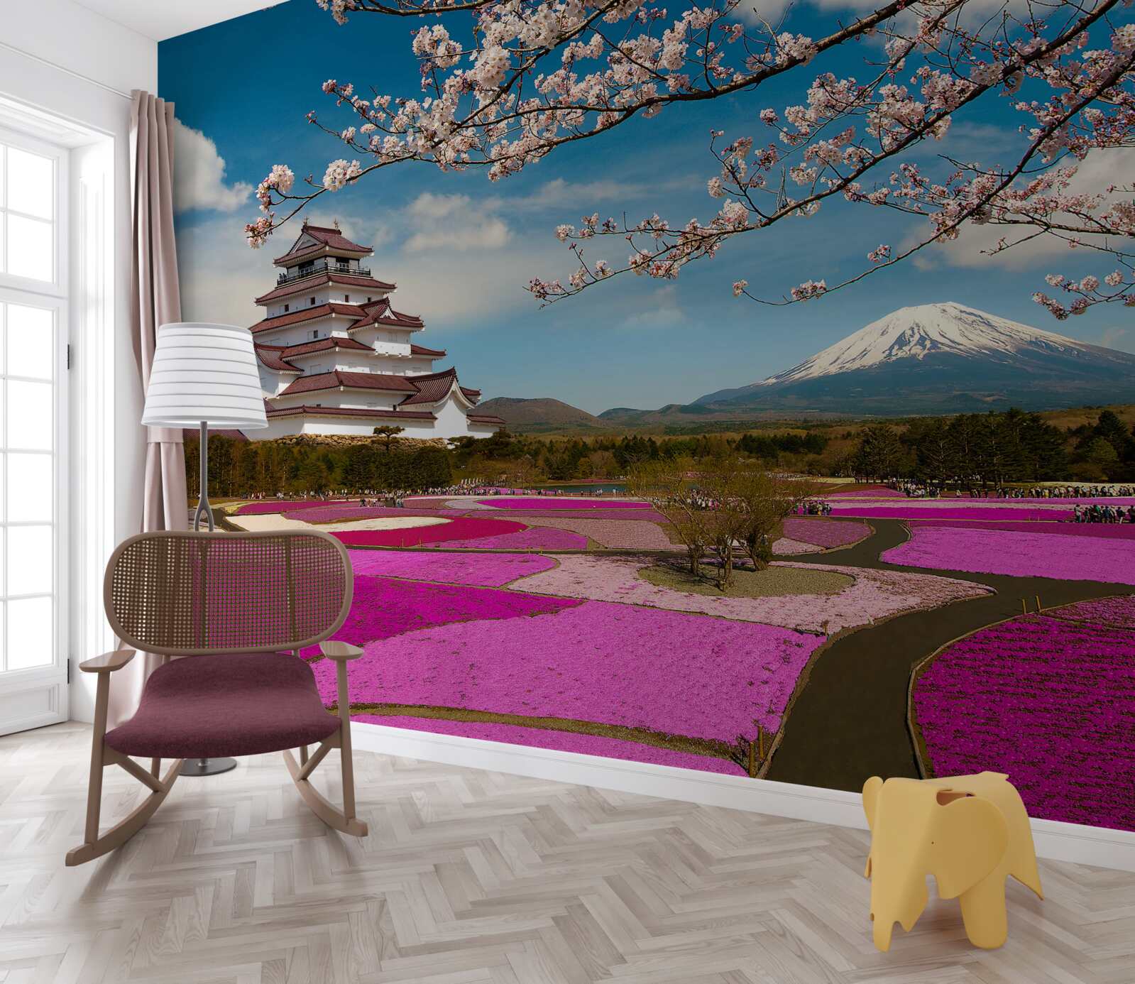 Papier peint près de la maison japonaise se trouvent des jardins luxuriants de tulipes