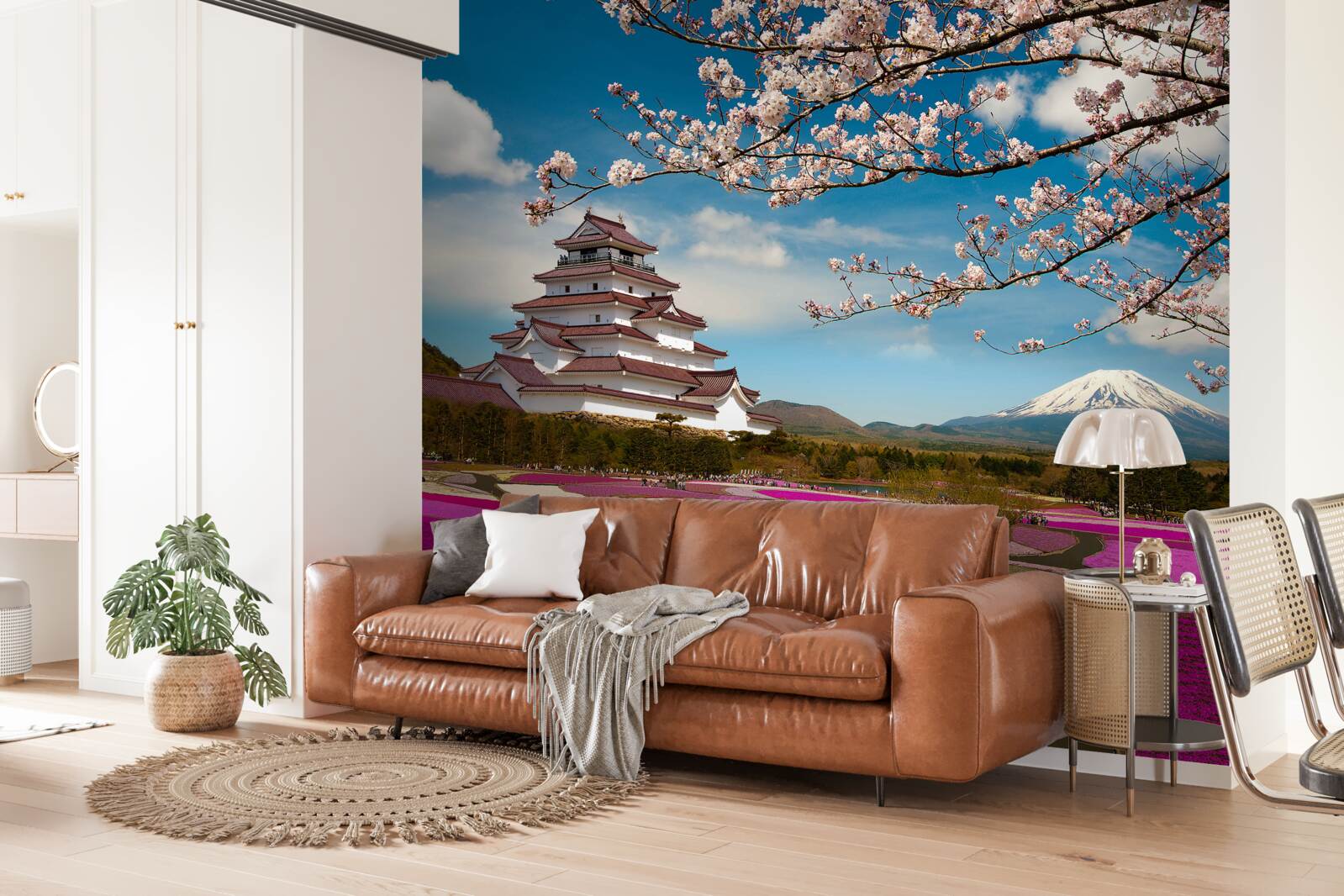 Papier peint près de la maison japonaise se trouvent des jardins luxuriants de tulipes