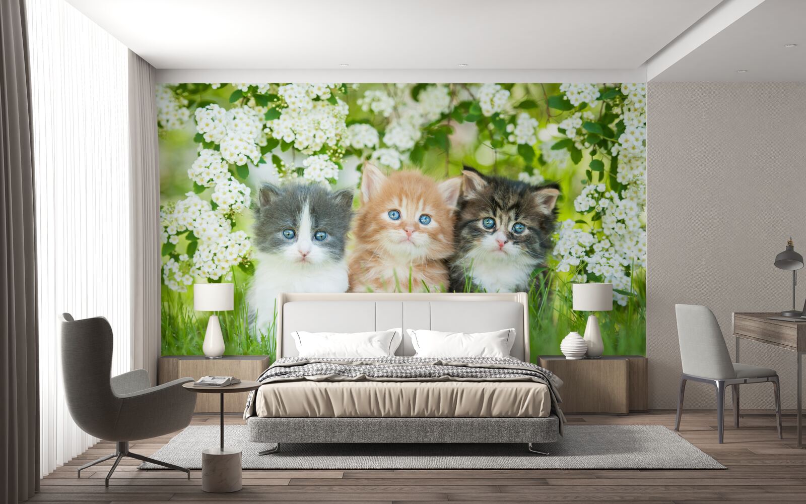Papier peint chatons dans un pré en fleurs