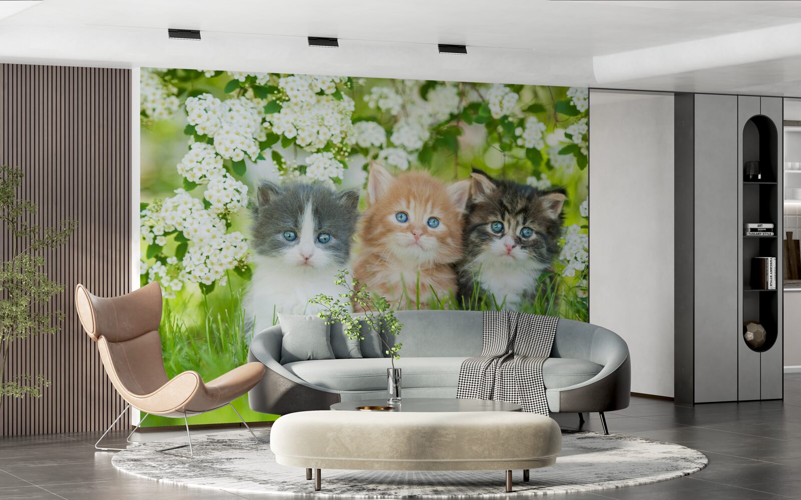 Papier peint chatons dans un pré en fleurs