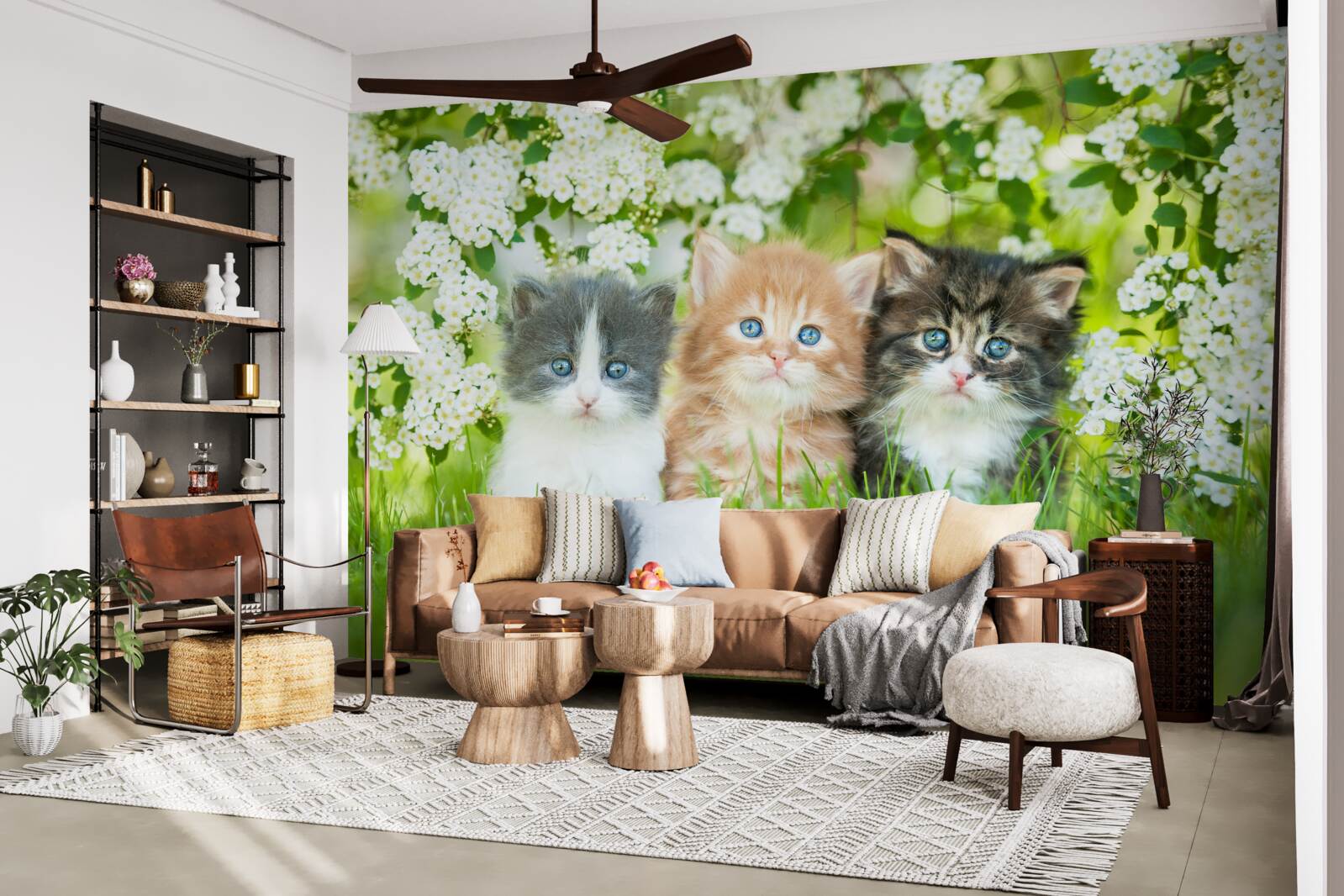 Papier peint chatons dans un pré en fleurs