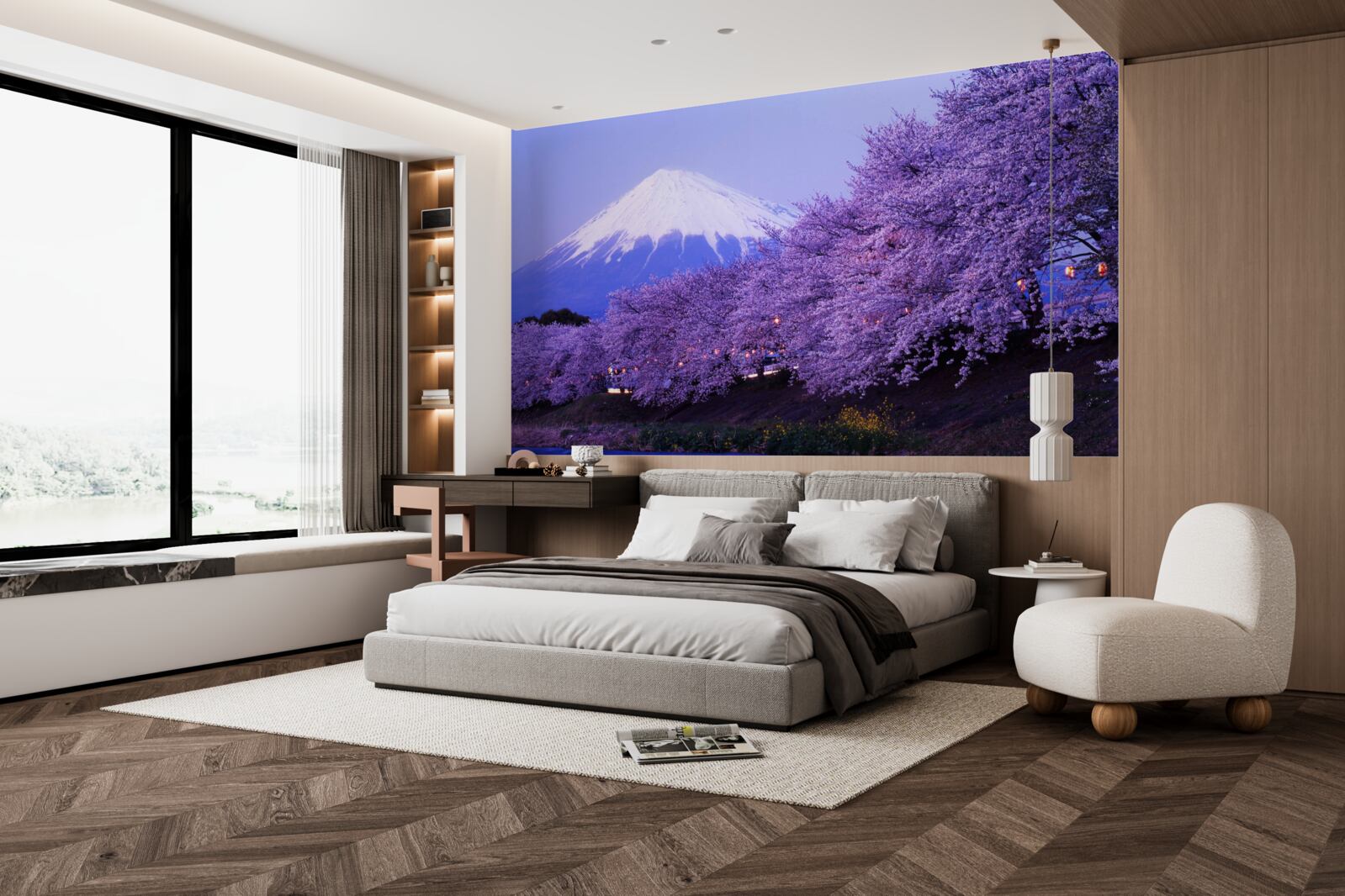 Papier peint arbres avec des fleurs violettes sur fond de Mt. fuji