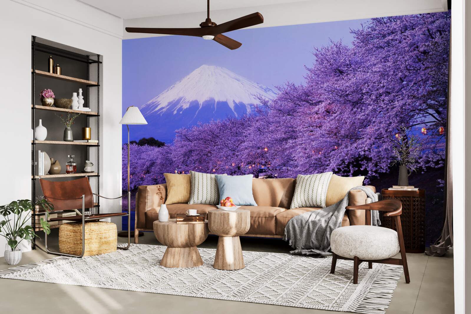Papier peint arbres avec des fleurs violettes sur fond de Mt. fuji