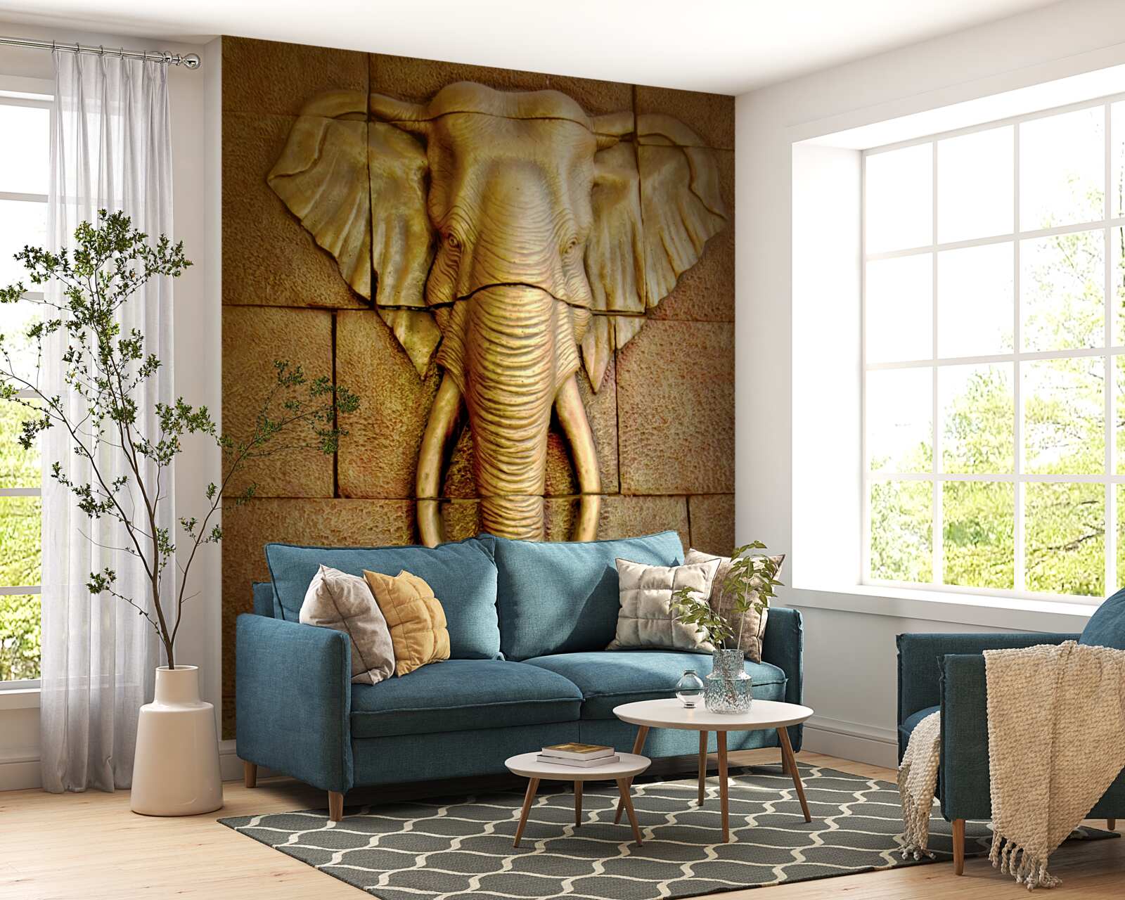 Papier peint image d'un éléphant avec des défenses sur une surface en pierre
