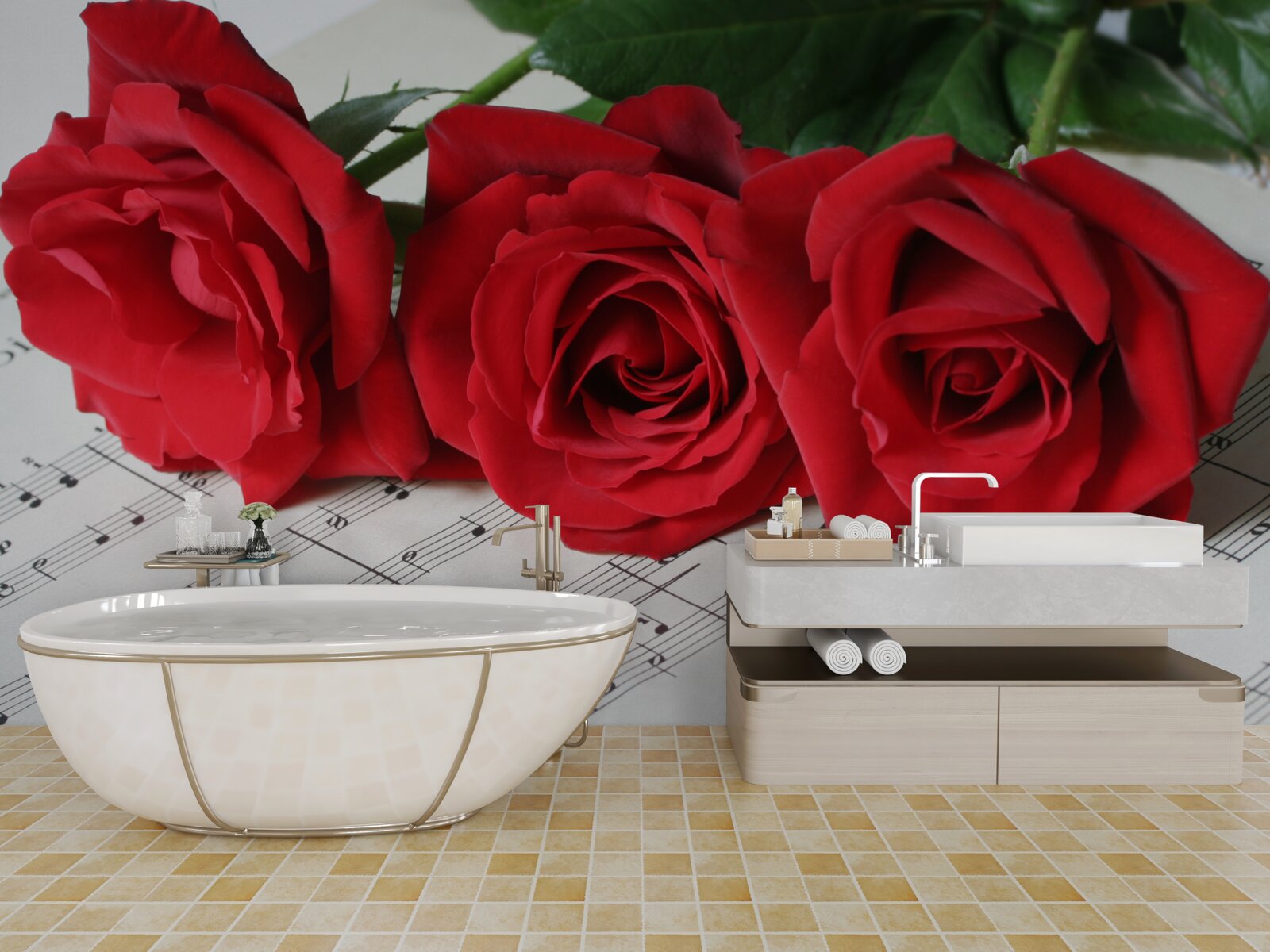 Papier peint trois roses écarlates sur des pages avec des notes