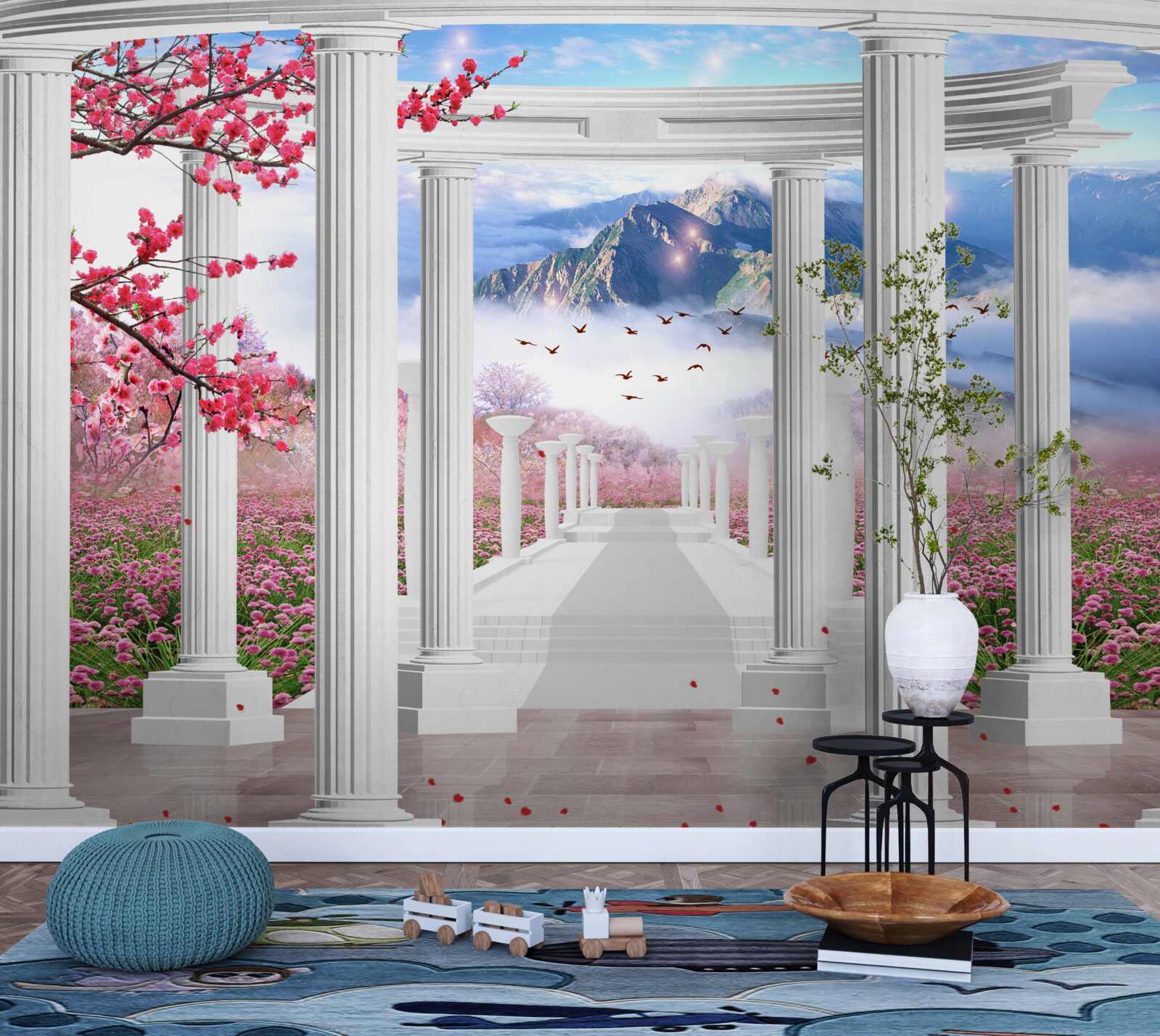 Papier peint jardin fleuri et belvédère blanc neige