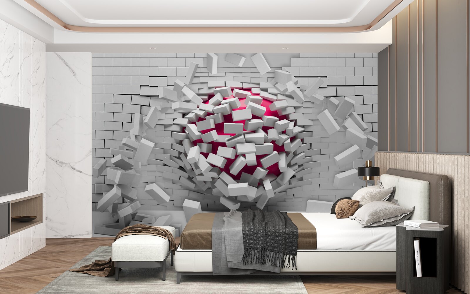 Papier peint La balle écarlate détruit un mur de briques