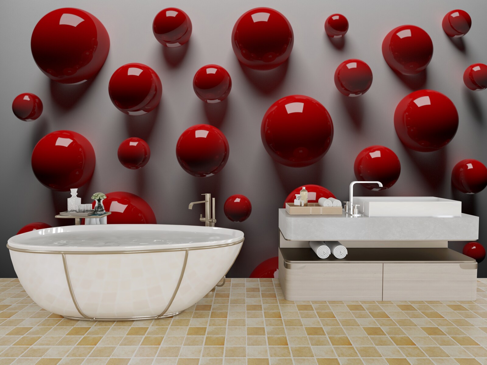 Papier peint boules rouges flottant sur un fond clair