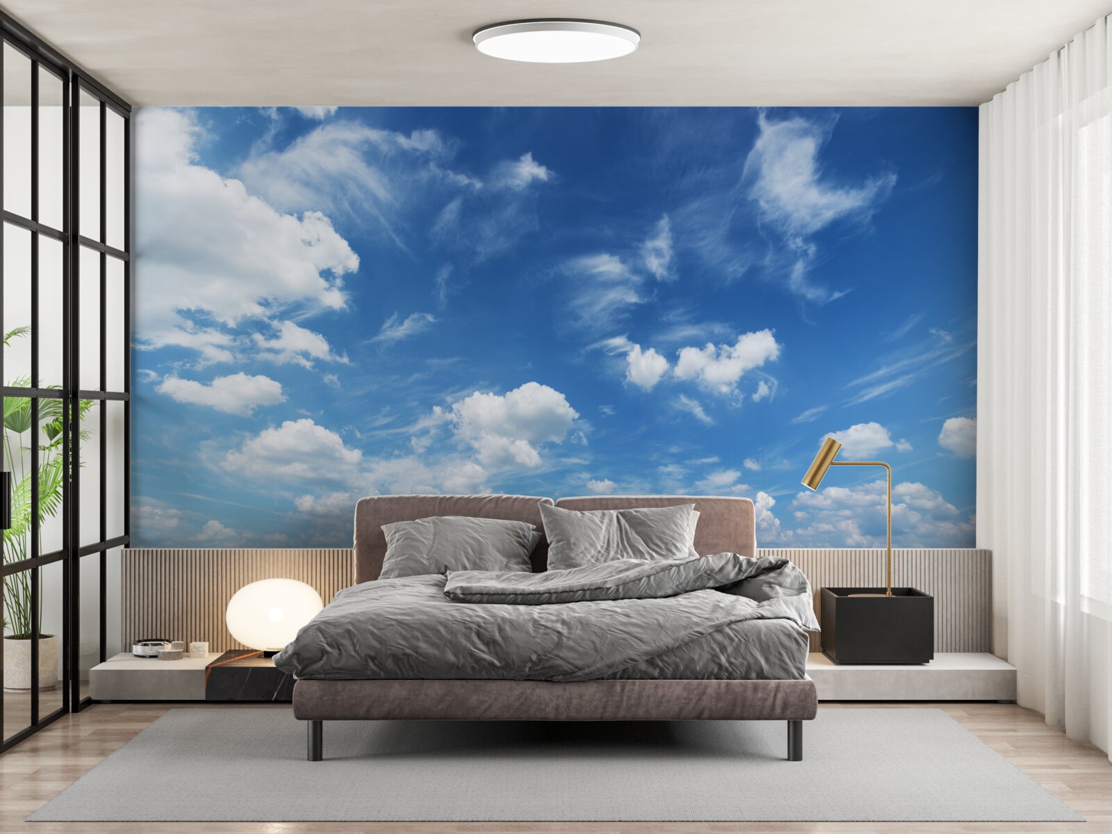 Papier peint ciel bleu clair avec des nuages blancs et floconneux