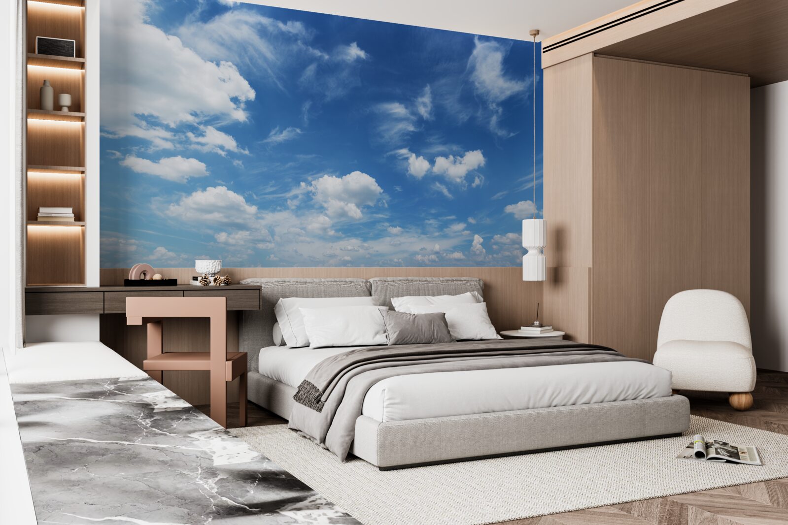 Papier peint ciel bleu clair avec des nuages blancs et floconneux
