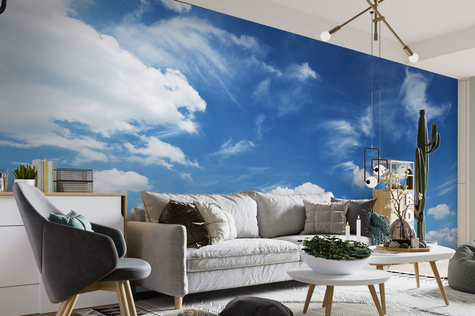 Papier peint ciel bleu clair avec des nuages blancs et floconneux