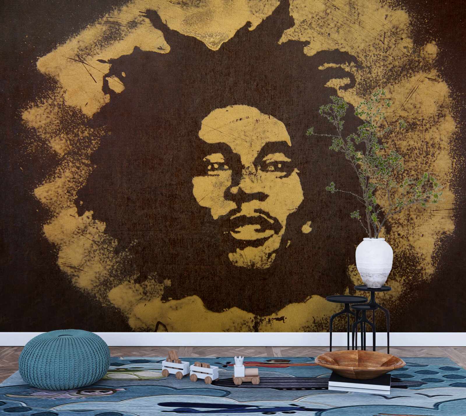 Papier peint un homme avec une coiffure africaine est assis sur le sable
