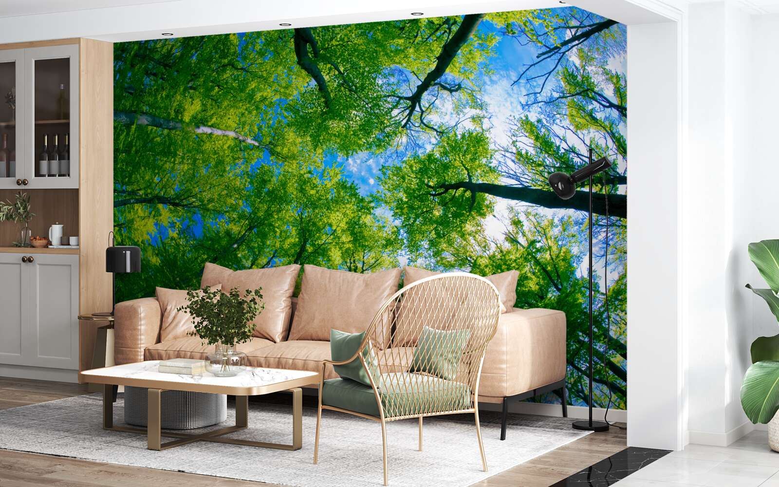 Papier peint forêt de couleur émeraude avec un ciel bleu en arrière-plan