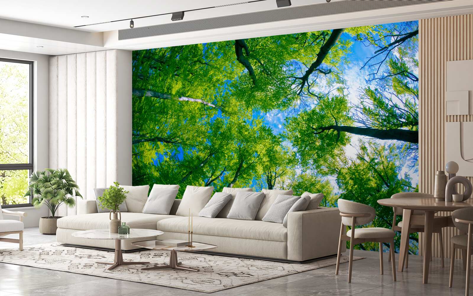 Papier peint forêt de couleur émeraude avec un ciel bleu en arrière-plan