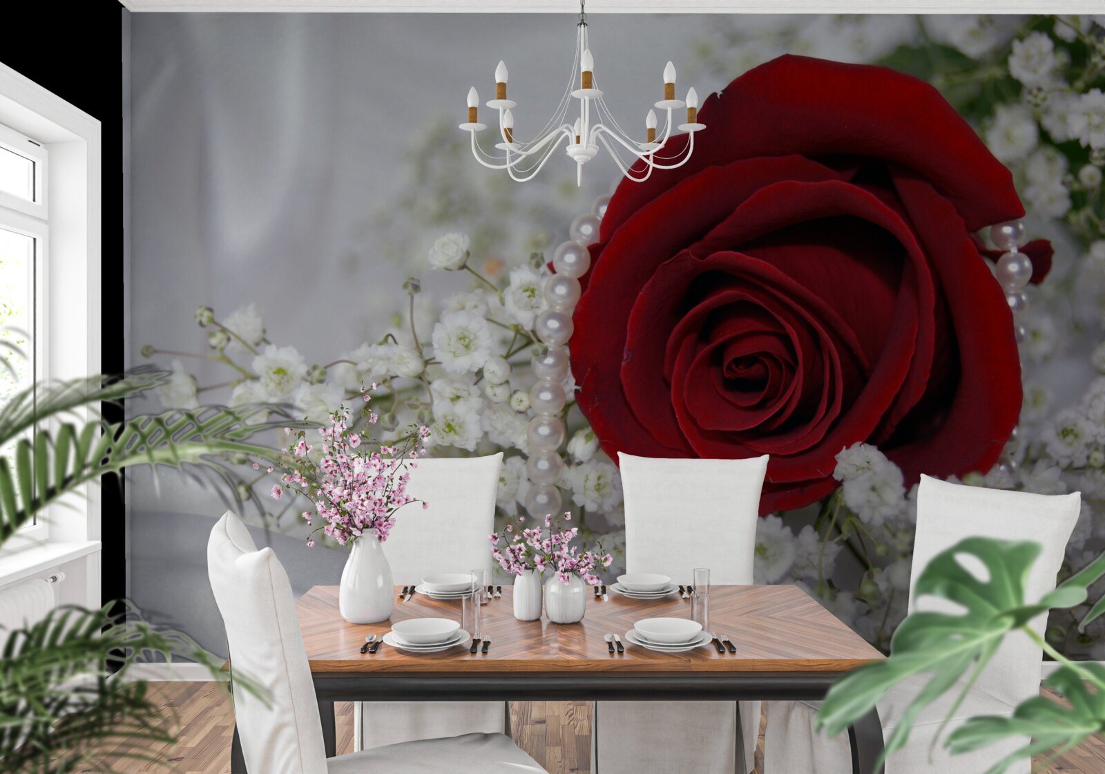 Papier peint sur la soie, des fleurs blanches séchées et une rose rouge