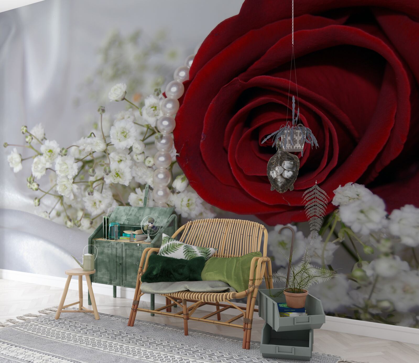 Papier peint sur la soie, des fleurs blanches séchées et une rose rouge