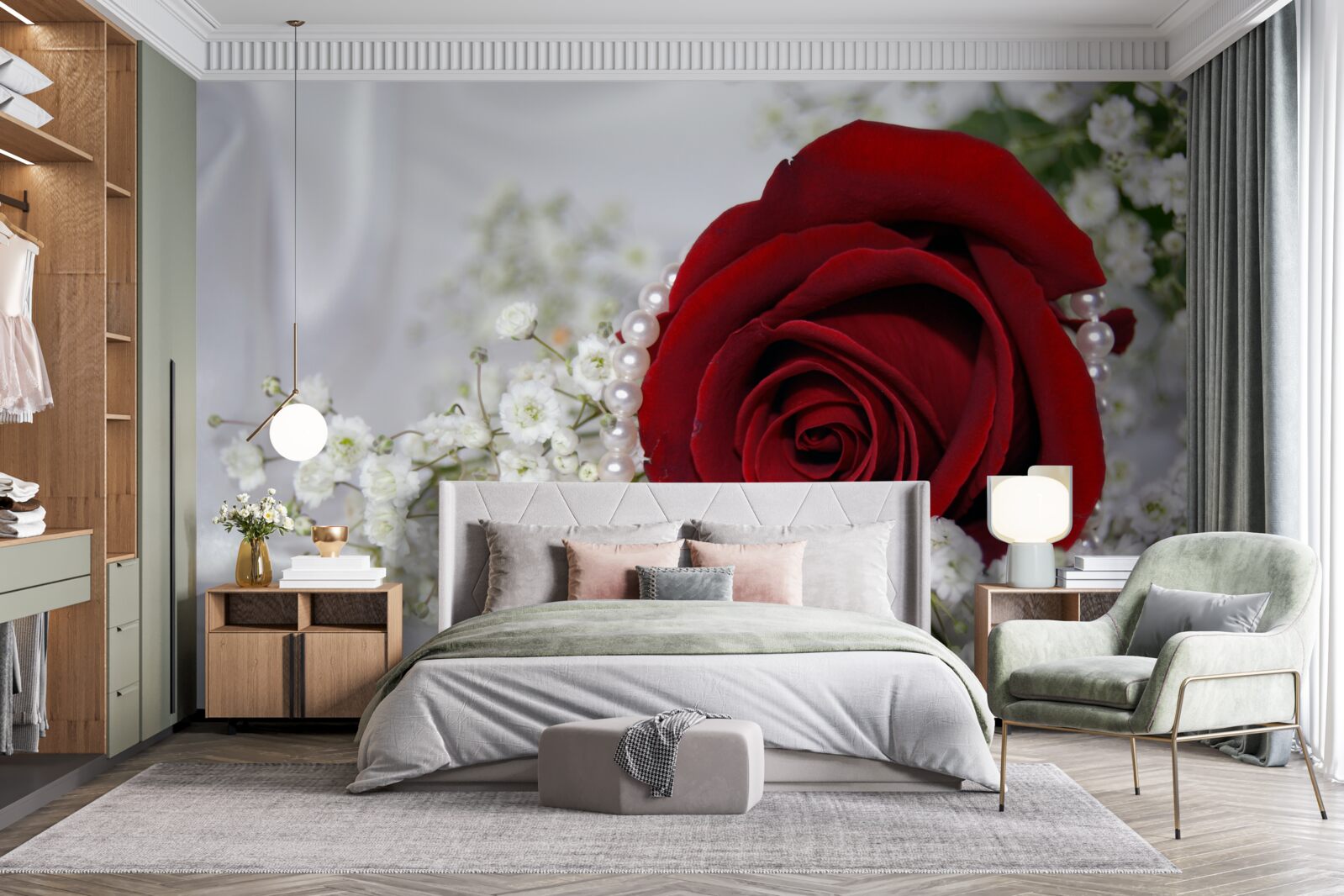 Papier peint sur la soie, des fleurs blanches séchées et une rose rouge