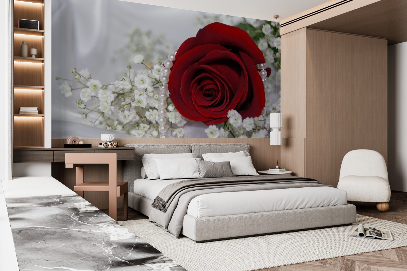 Papier peint sur la soie, des fleurs blanches séchées et une rose rouge