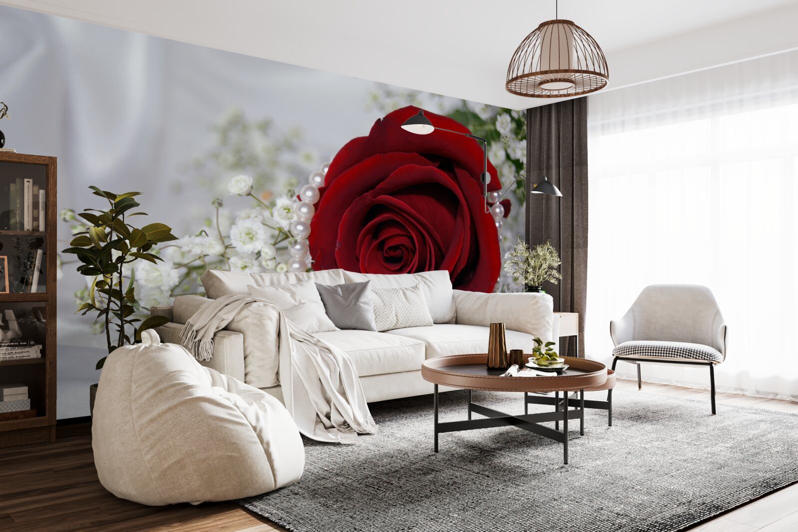 Papier peint sur la soie, des fleurs blanches séchées et une rose rouge