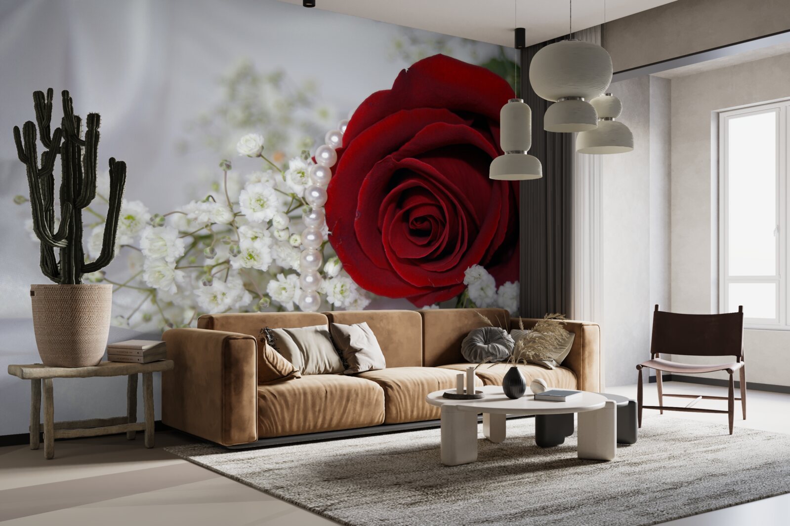 Papier peint sur la soie, des fleurs blanches séchées et une rose rouge