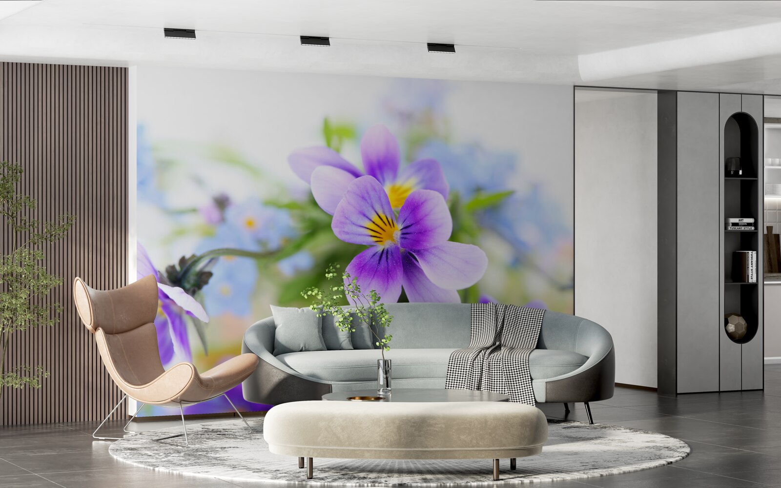 Papier peint par temps clair, des fleurs bleues délicates