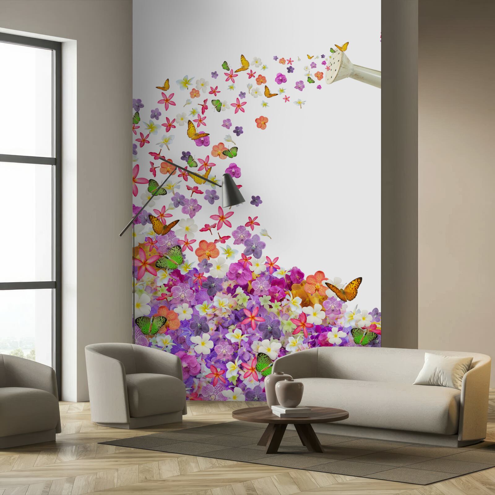 Papier peint arrosoir avec fleurs d'été et papillons