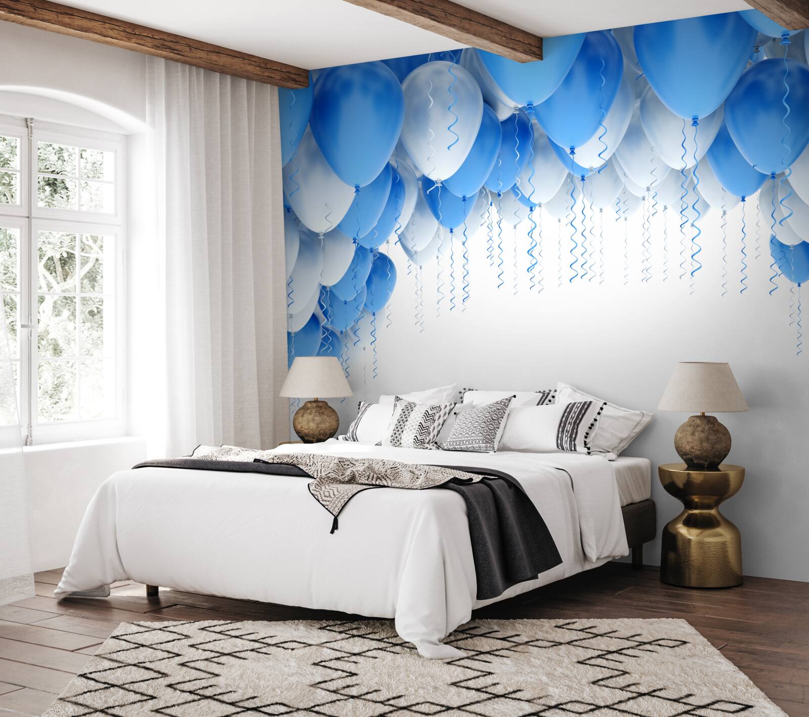 Papier peint des boules blanches et bleues flottent dans l'air