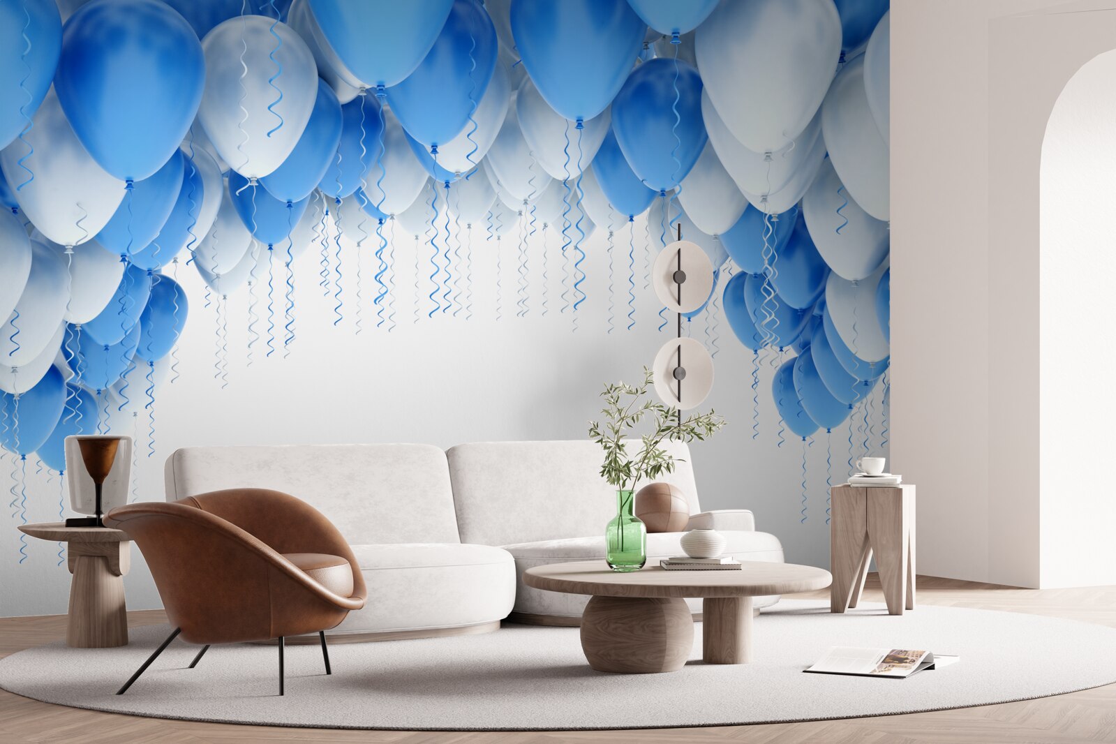 Papier peint des boules blanches et bleues flottent dans l'air