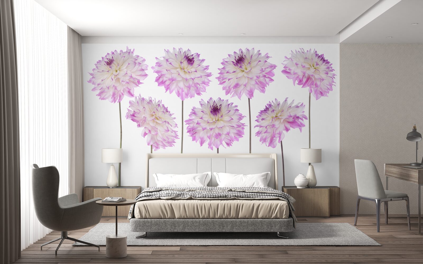 Papier peint gracieux asters blancs et roses