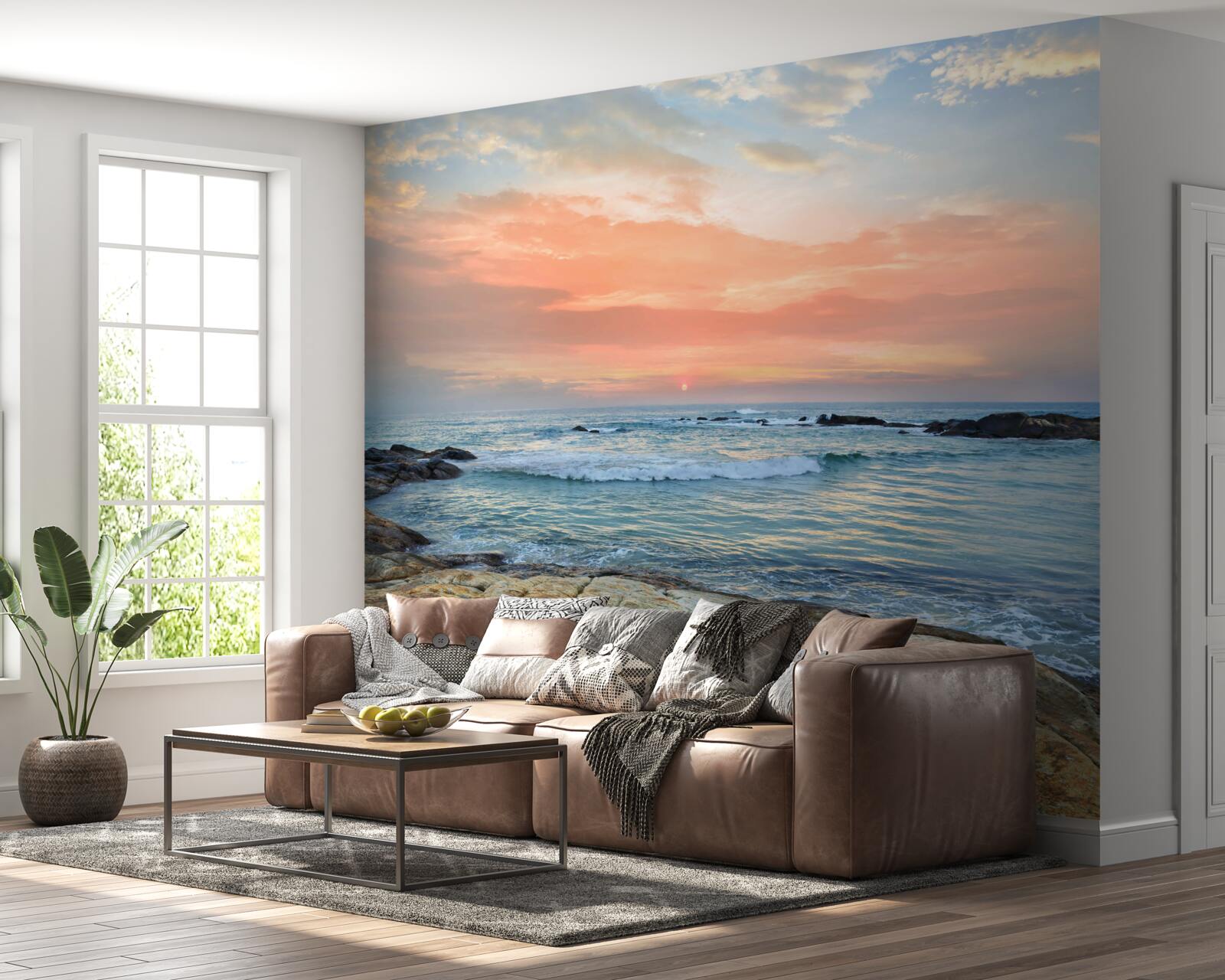 Papier peint l'océan qui s'étend jusqu'à l'horizon et un coucher de soleil rose