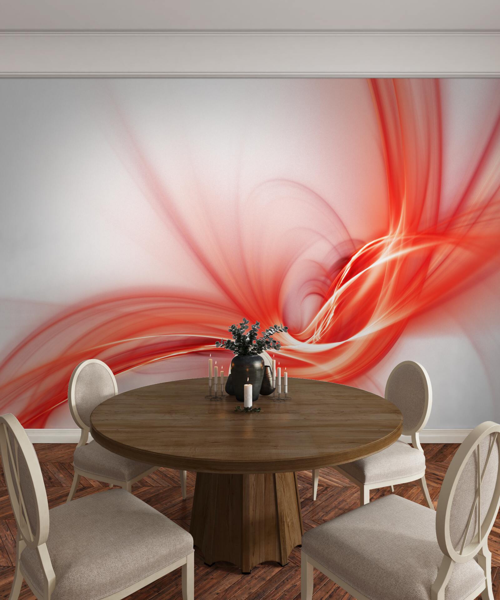 Papier peint motif rouge sur fond blanc de soie