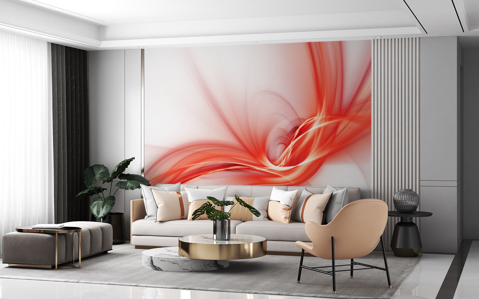 Papier peint motif rouge sur fond blanc de soie