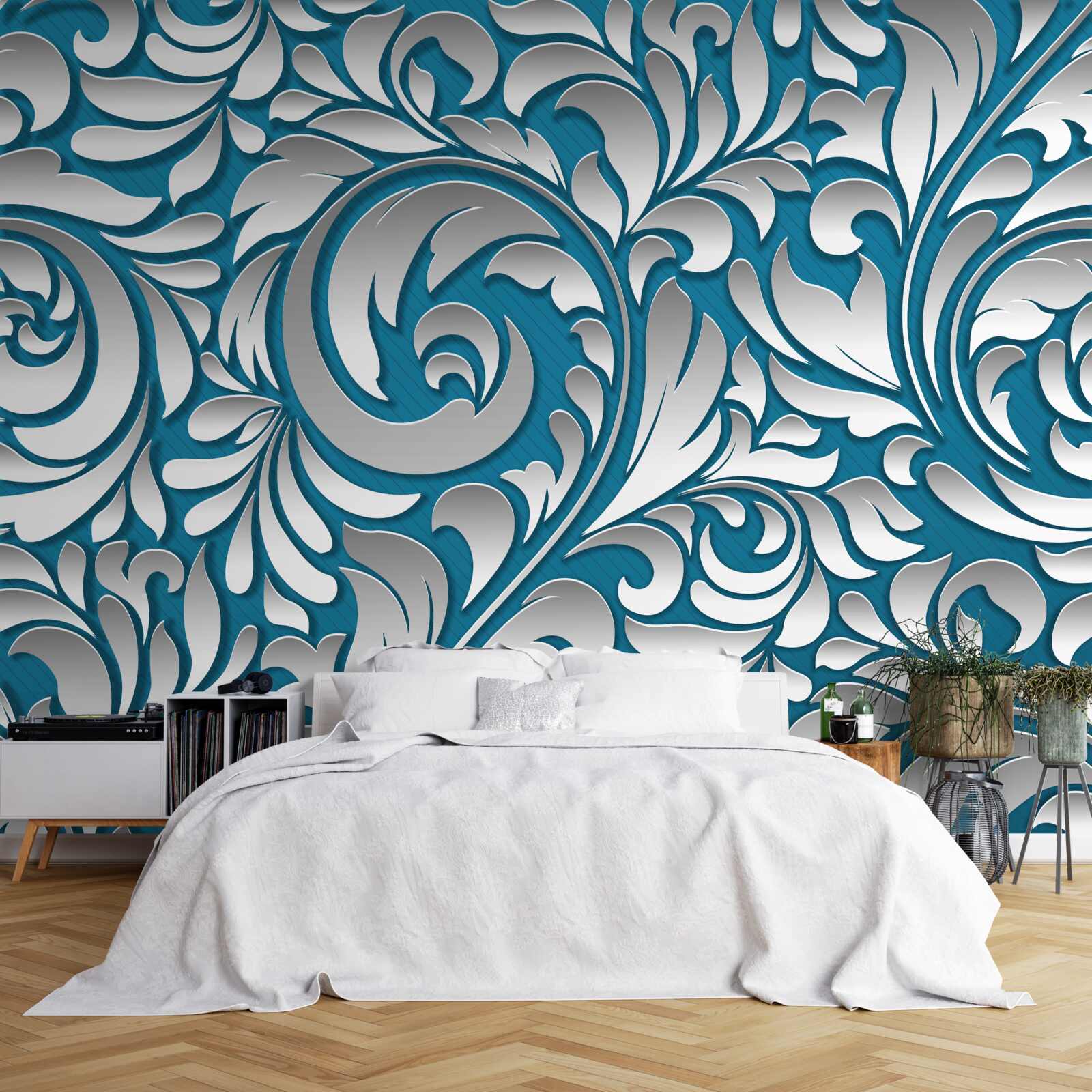 Papier peint structure à motifs dans les tons blanc et bleu