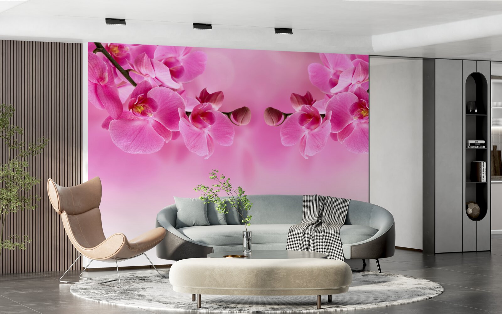Papier peint branches d'orchidées roses sur fond clair