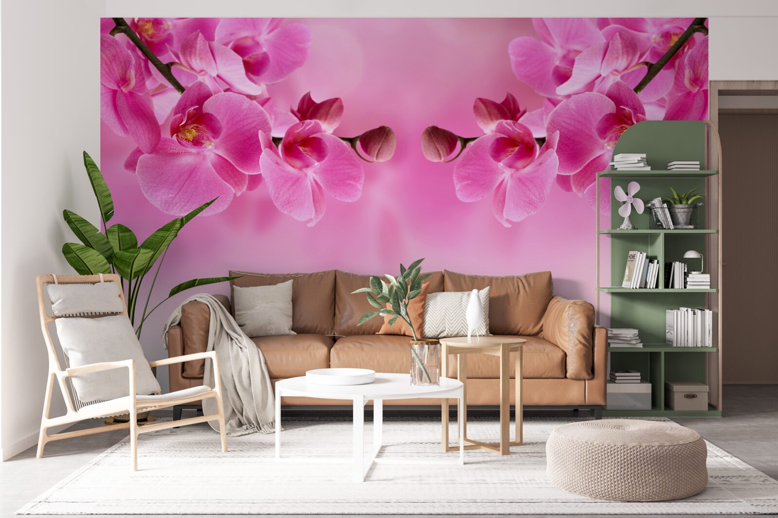 Papier peint branches d'orchidées roses sur fond clair
