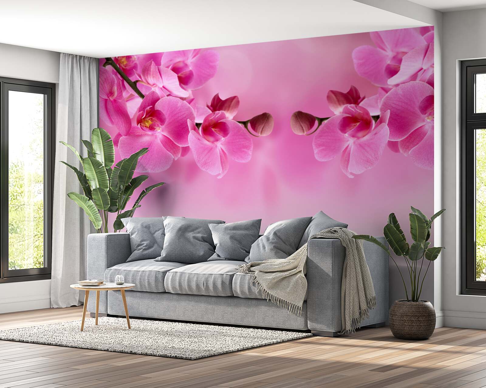 Papier peint branches d'orchidées roses sur fond clair