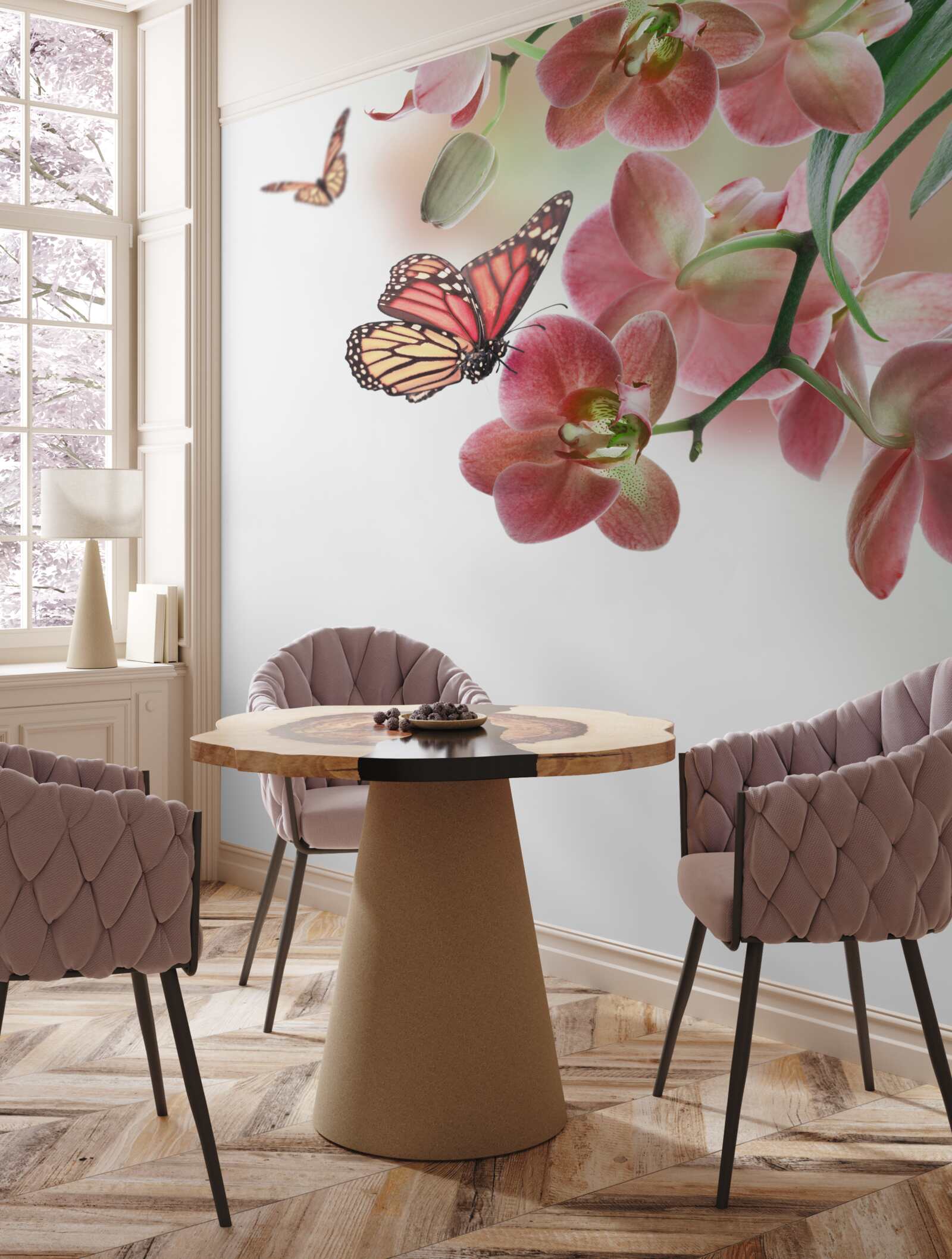 Papier peint papillons survolant des bourgeons en fleurs