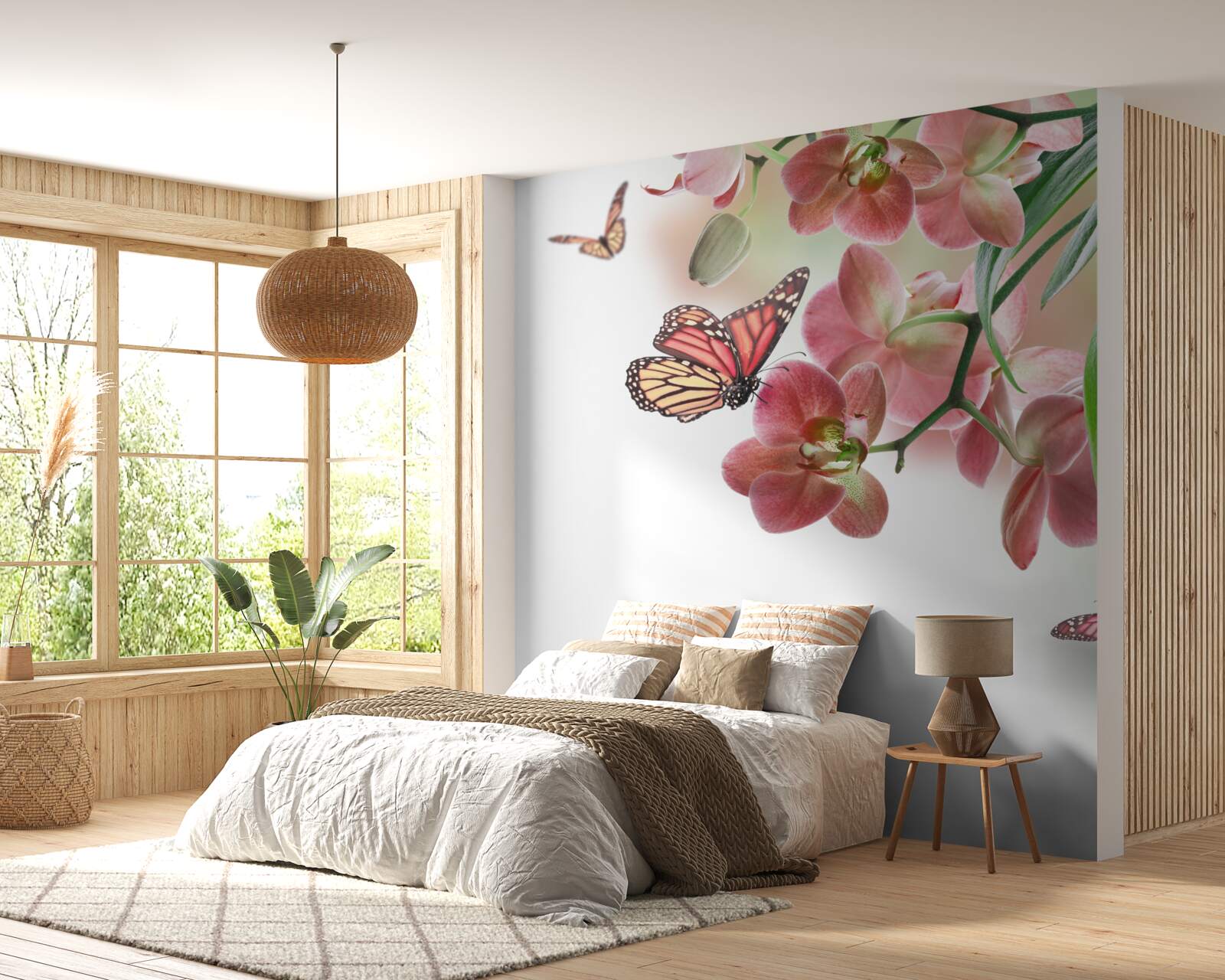 Papier peint papillons survolant des bourgeons en fleurs