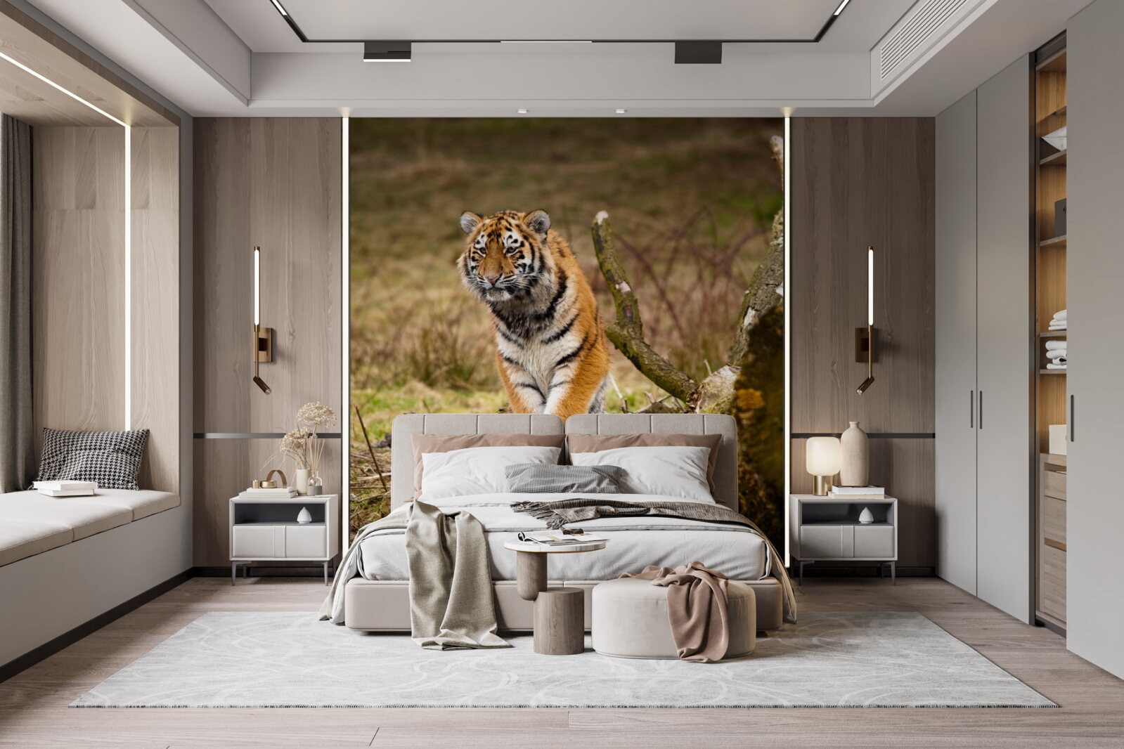 Papier peint le tigre s'assoit sur une branche et attend sa proie