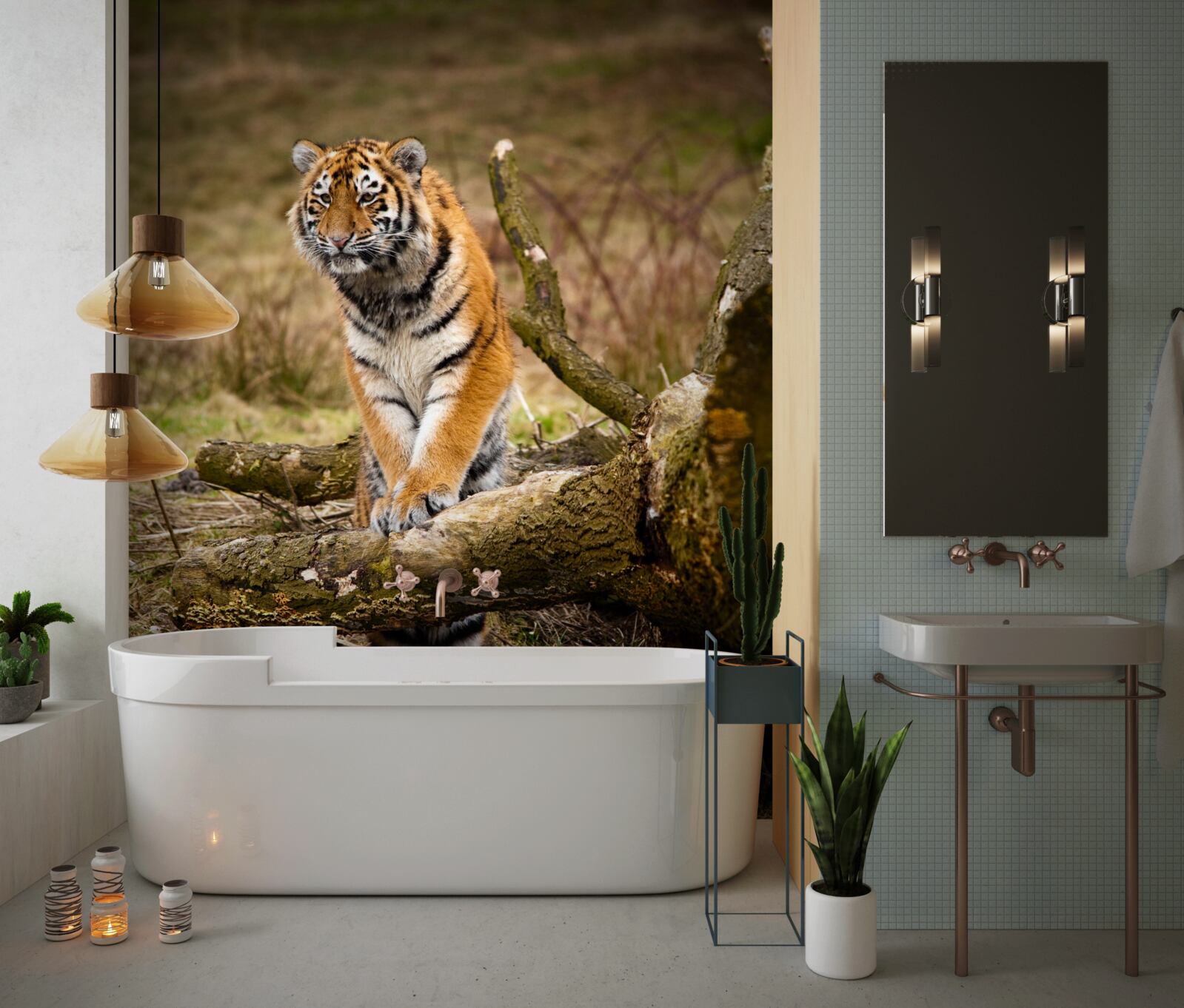Papier peint le tigre s'assoit sur une branche et attend sa proie
