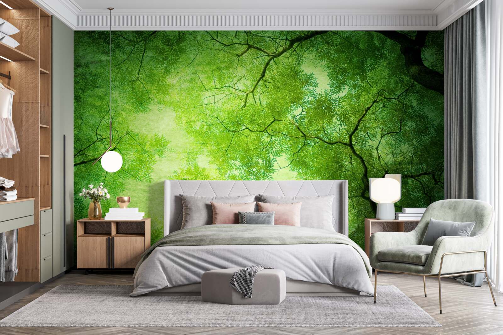 Papier peint un rayon de soleil perce le vert dense de la cime des arbres