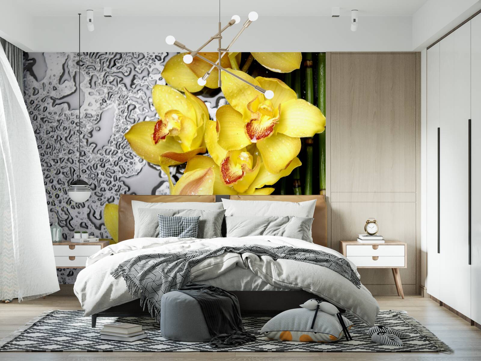Papier peint l'orchidée jaune est sur la pierre à côté du bambou