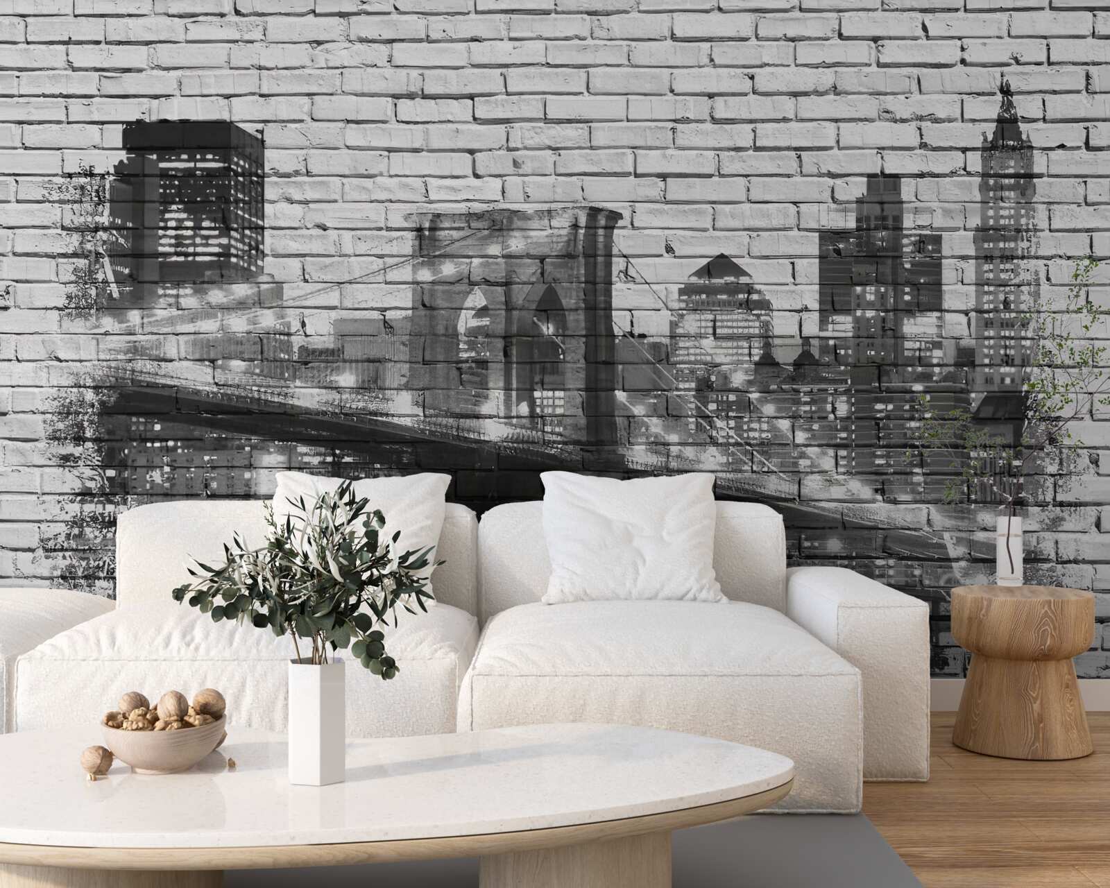 Papier peint pont de manhattan avec paysage urbain sur brique
