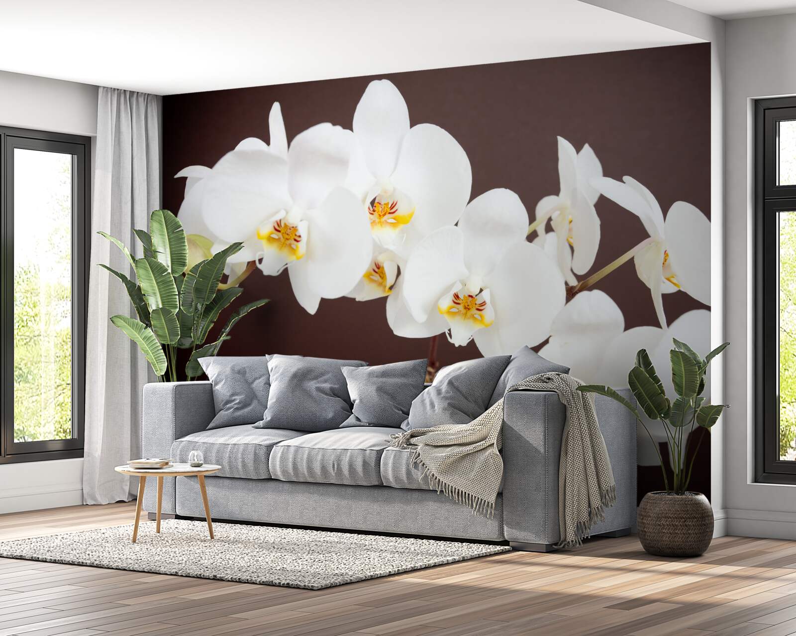 Papier peint fleurs blanches de jeunes arbres